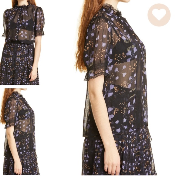 ba&sh black sheer and lace top with purple floral print - Picture 3 of 13